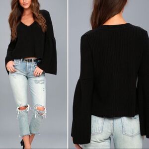 Free People Damsel Cable Knit Pullover Black Sweater Bell Sleeves Oversized XS